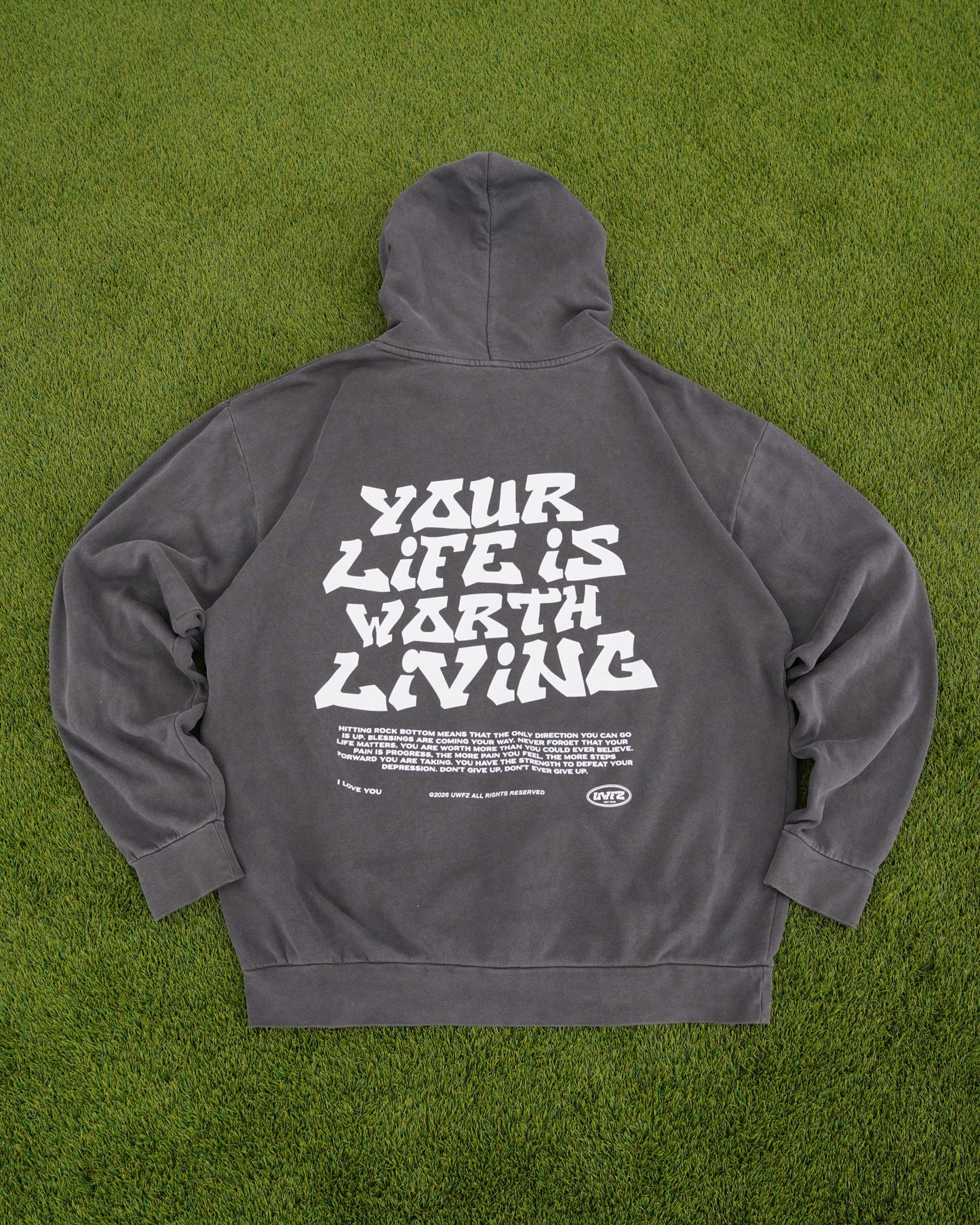 Vintage Black "YOUR LIFE IS WORTH LIVING" Hoodie (Mid-Light Weight Hoodie)