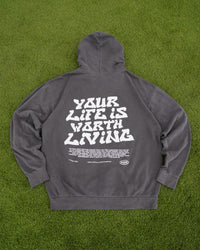Vintage Black "YOUR LIFE IS WORTH LIVING" Hoodie (Mid-Light Weight Hoodie)