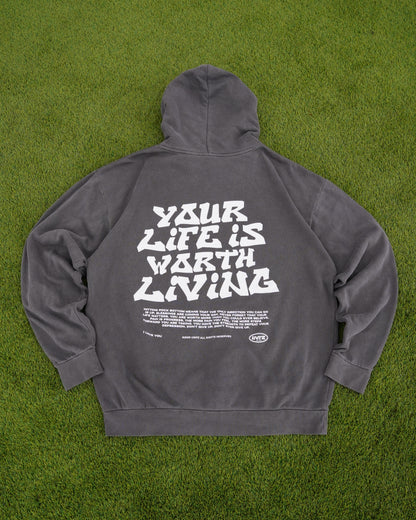 Vintage Black "YOUR LIFE IS WORTH LIVING" Hoodie (Mid-Light Weight Hoodie)