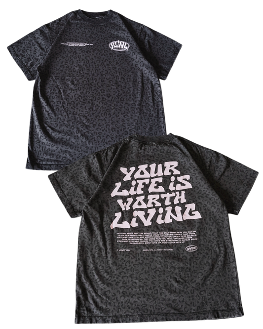 Vintage Black Cheetah + Pastel Pink Print "Your Life is Worth Living" Heavy Weight T-Shirt