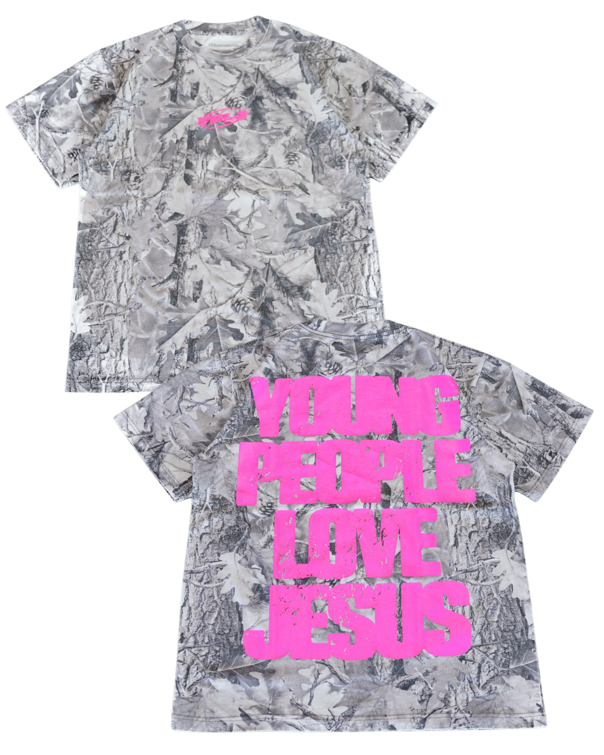 B&W Camo + Pink "YOUNG PEOPLE LOVE JESUS" T-Shirt