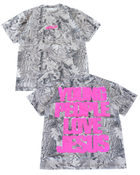 B&W Camo + Pink "YOUNG PEOPLE LOVE JESUS" T-Shirt