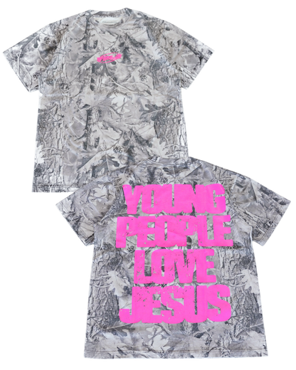 B&W Camo + Pink "YOUNG PEOPLE LOVE JESUS" T-Shirt