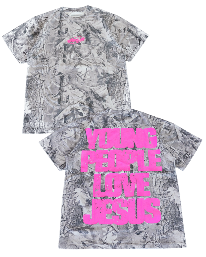 B&W Camo + Pink "YOUNG PEOPLE LOVE JESUS" T-Shirt