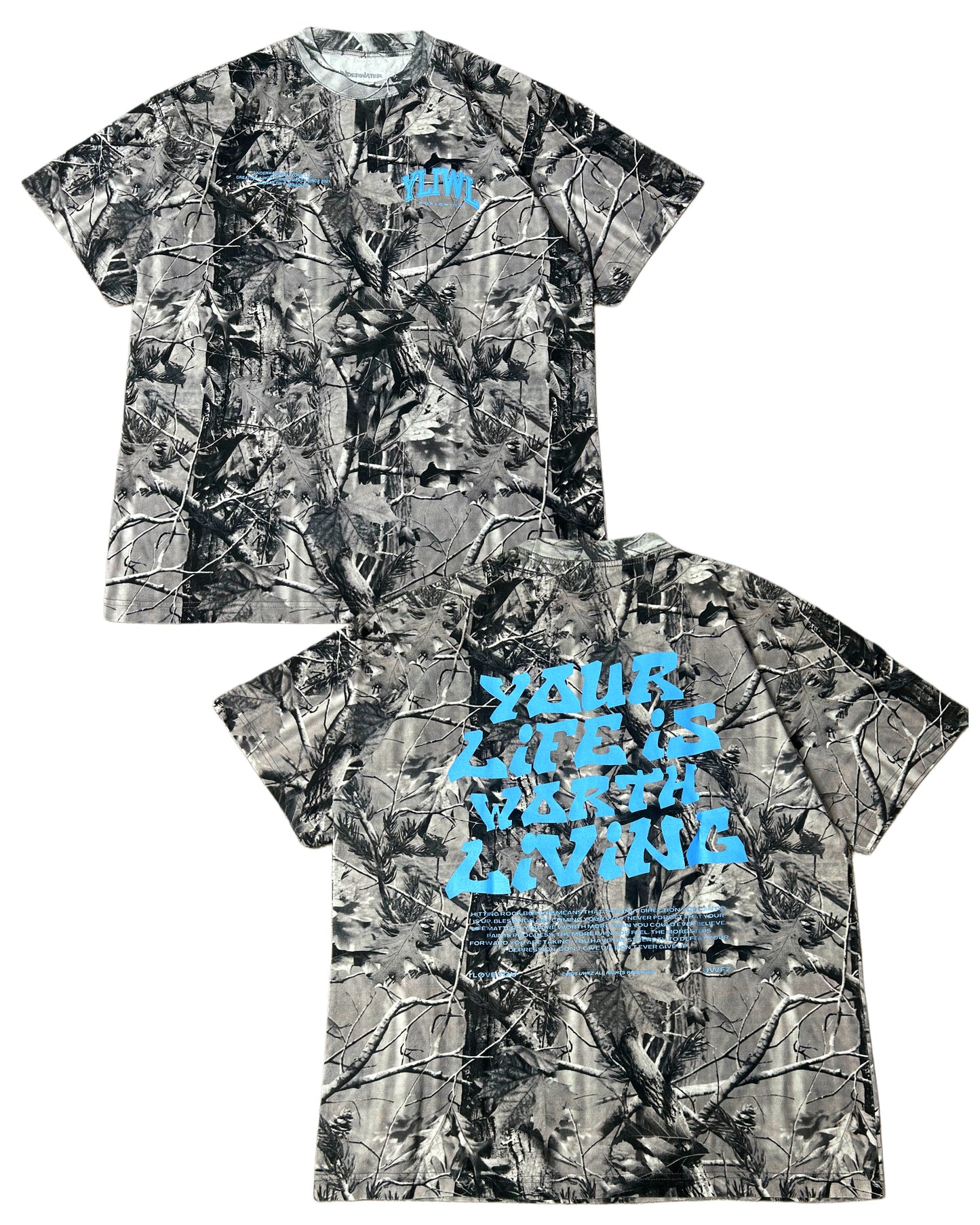 Blue + B&W Camo "Your Life is Worth Living" Heavy Weight T-Shirt
