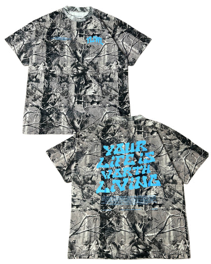 Blue + B&W Camo "Your Life is Worth Living" Heavy Weight T-Shirt