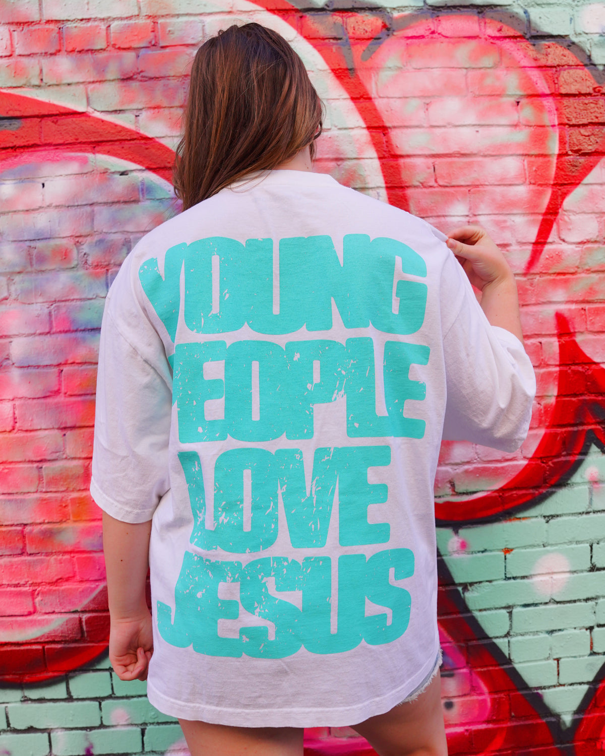White + Teal "YOUNG PEOPLE LOVE JESUS" Oversized Boxy T-Shirt