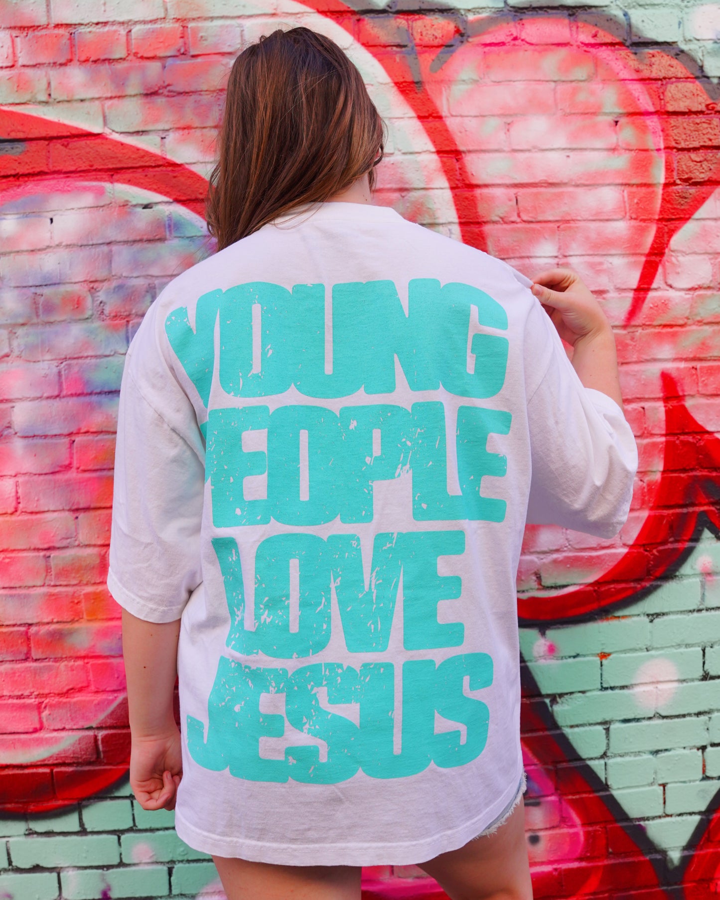 White + Teal "YOUNG PEOPLE LOVE JESUS" Oversized Boxy T-Shirt