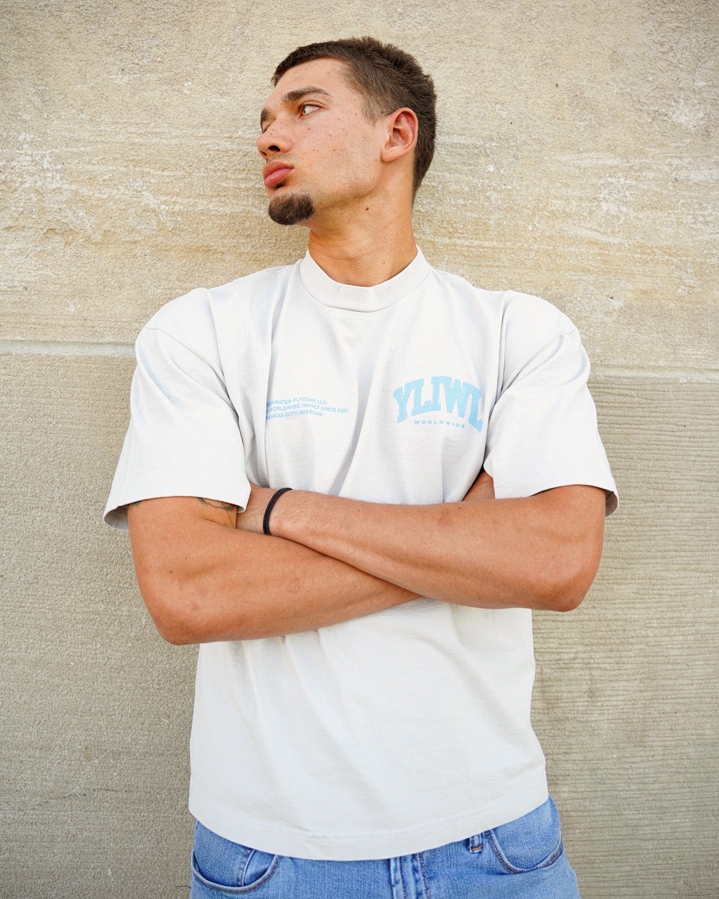Grey + Powder Blue "YOUR LIFE IS WORTH LIVING" Boxy / Crop Cut Heavy Weight T-shirt