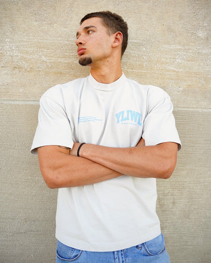 Grey + Powder Blue "YOUR LIFE IS WORTH LIVING" Boxy / Crop Cut Heavy Weight T-shirt