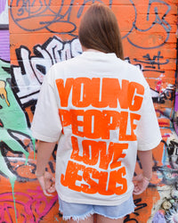 Cream + Orange "YOUNG PEOPLE LOVE JESUS" Oversized Boxy T-Shirt
