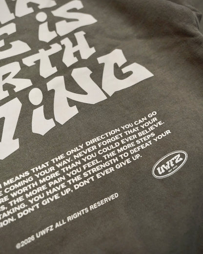 Faded Brown +.Tan Print "YOUR LIFE IS WORTH LIVING" Crewneck