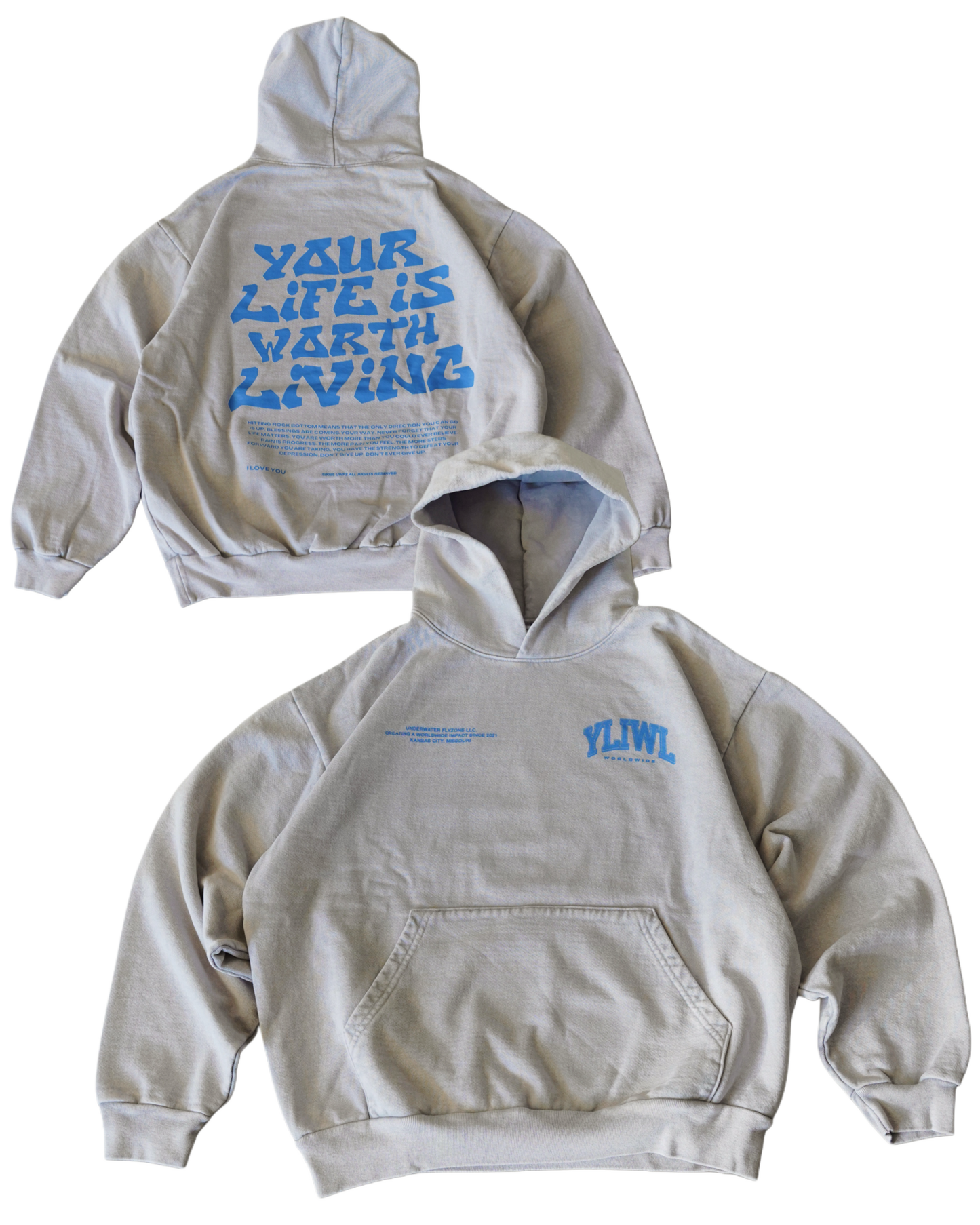 Blue + Grey Heavyweight "YOUR LIFE IS WORTH LIVING" Hoodie (Collectors Edition)