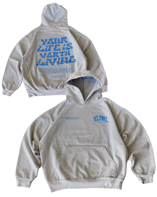 Blue + Grey Heavyweight "YOUR LIFE IS WORTH LIVING" Hoodie (Collectors Edition)
