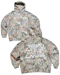 Camo "YOUR LIFE IS WORTH LIVING" Hoodie (100% Cotton)