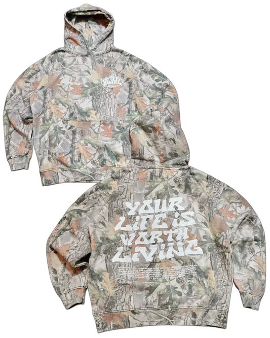 Camo "YOUR LIFE IS WORTH LIVING" Hoodie (100% Cotton)