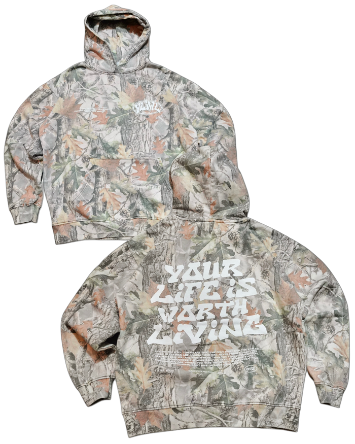 Camo "YOUR LIFE IS WORTH LIVING" Hoodie (100% Cotton)