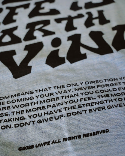 Black + Arctic Blue "YOUR LIFE IS WORTH LIVING" Hoodie (Collectors Edition)