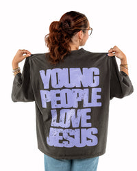 Vintage Black + Lavender "YOUNG PEOPLE LOVE JESUS" Oversized T-Shirt