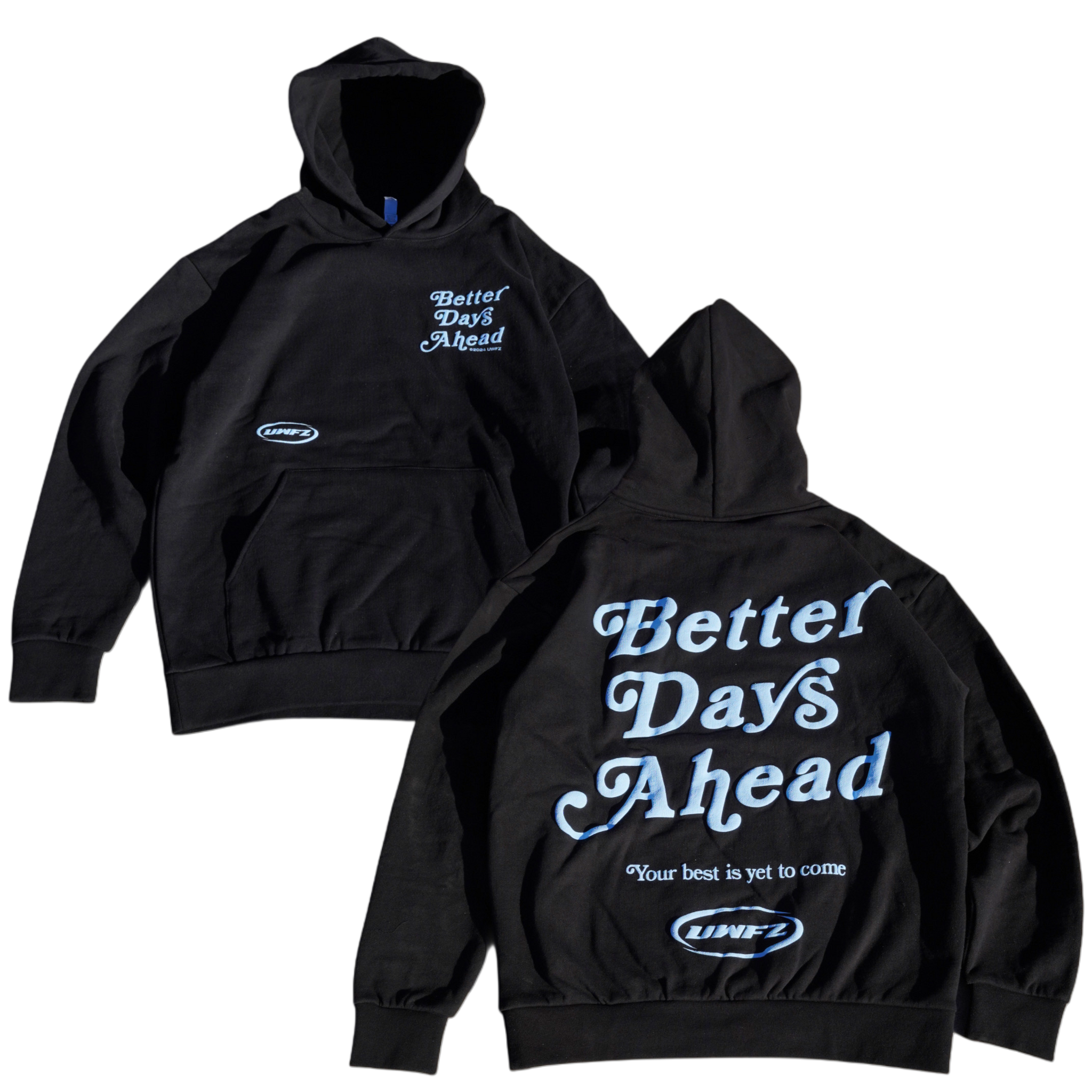 BETTER DAYS AHEAD PUFF PRINT HOODIE - Black with Light Blue Print