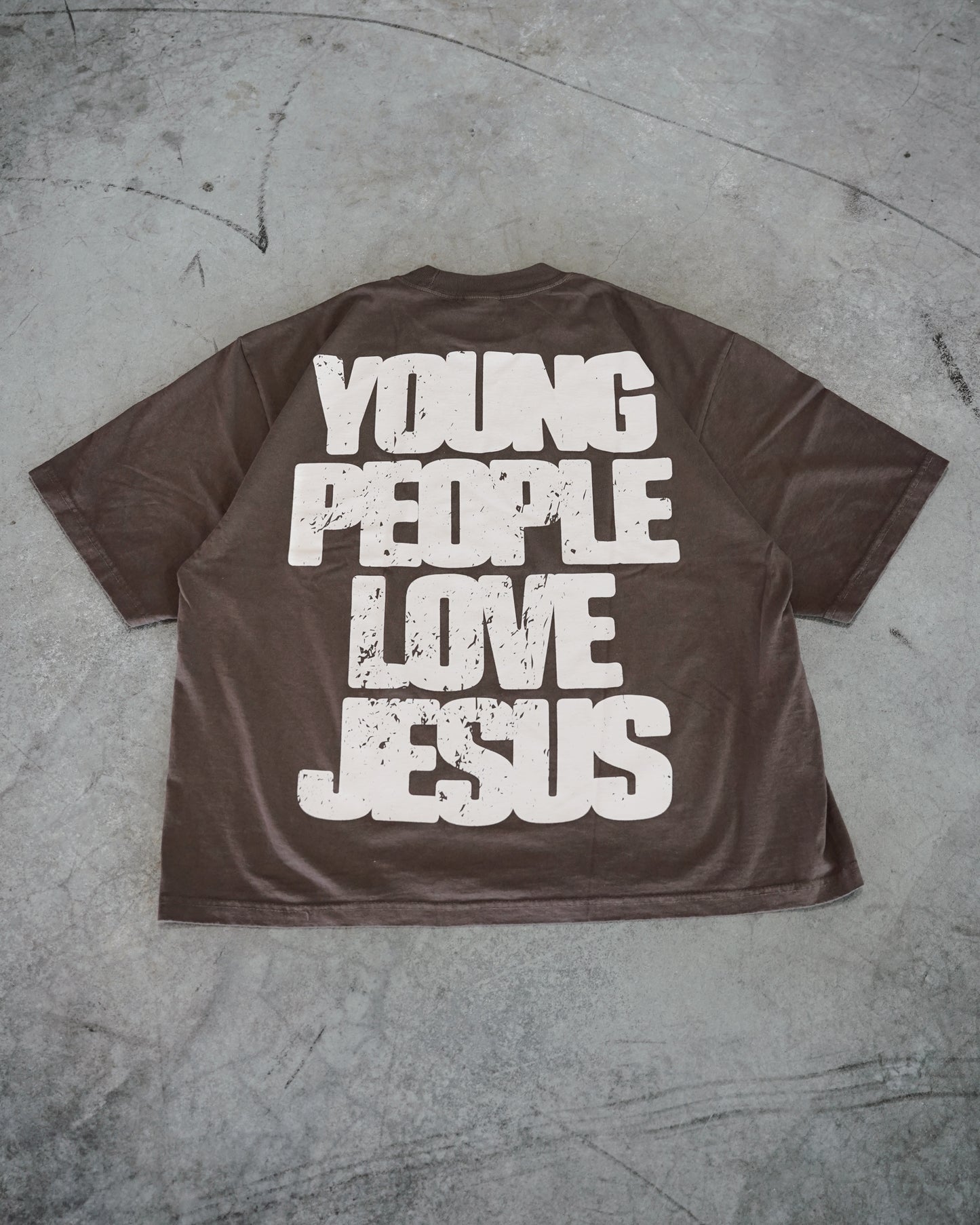 Brown + Cream "YOUNG PEOPLE LOVE JESUS" Oversized T-Shirt