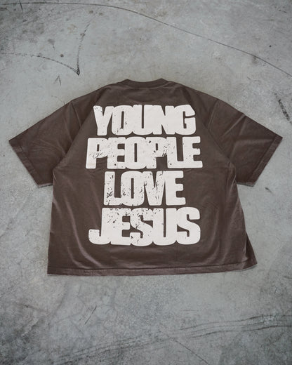 Brown + Cream "YOUNG PEOPLE LOVE JESUS" Oversized T-Shirt