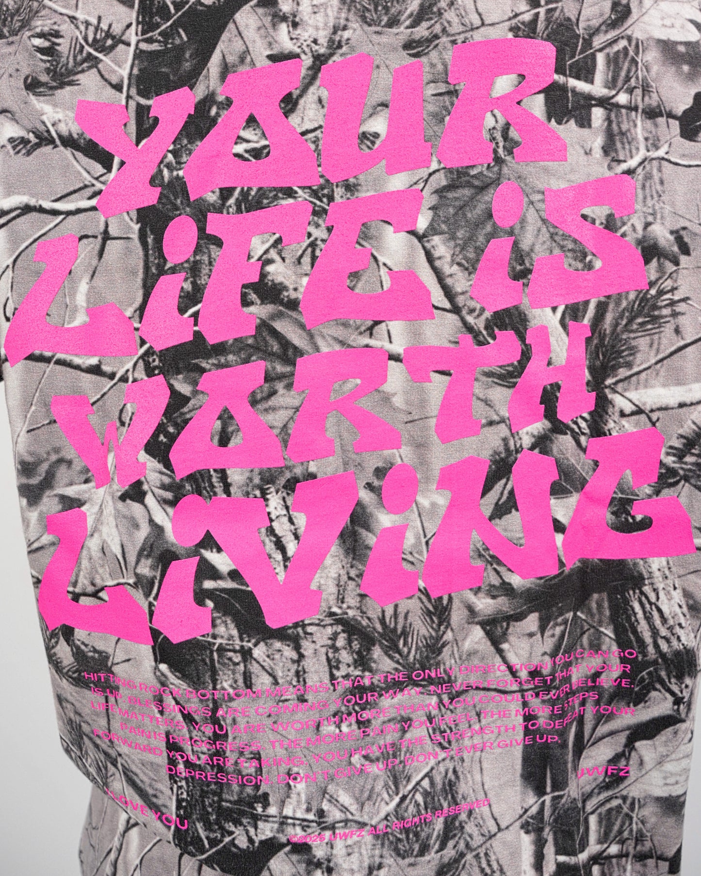Pink + B&W Camo "Your Life is Worth Living" Heavy Weight T-Shirt