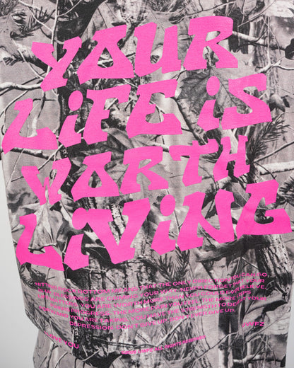 Pink + B&W Camo "Your Life is Worth Living" Heavy Weight T-Shirt