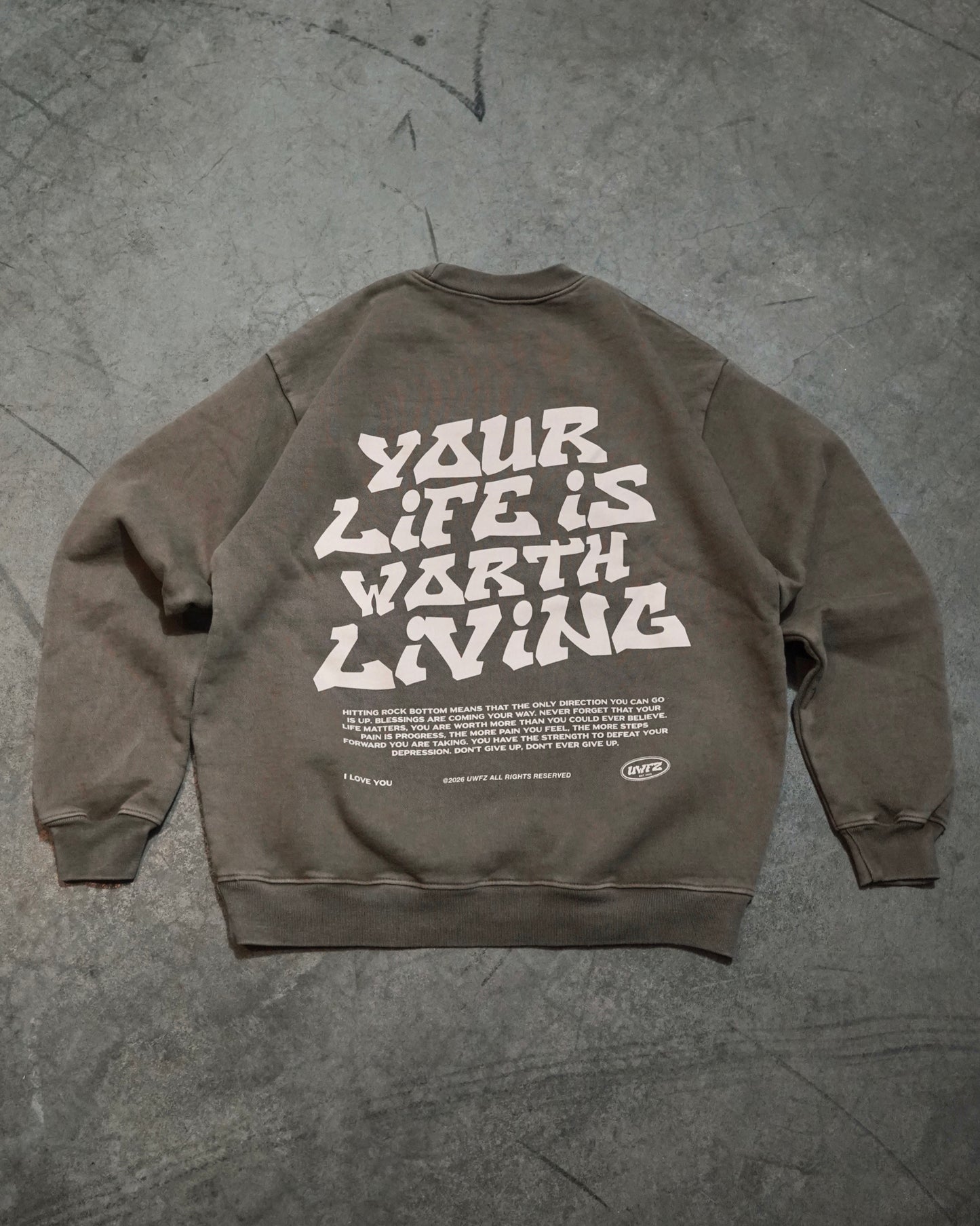 Faded Brown +.Tan Print "YOUR LIFE IS WORTH LIVING" Crewneck