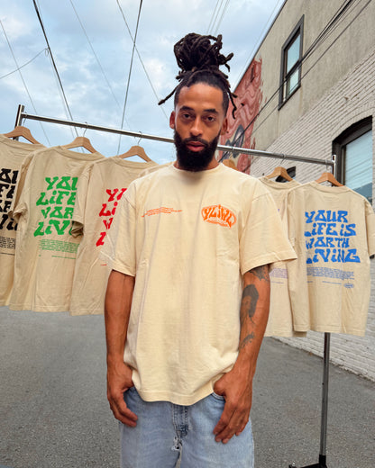 Cream + Orange "Your Life is Worth Living" T-Shirt