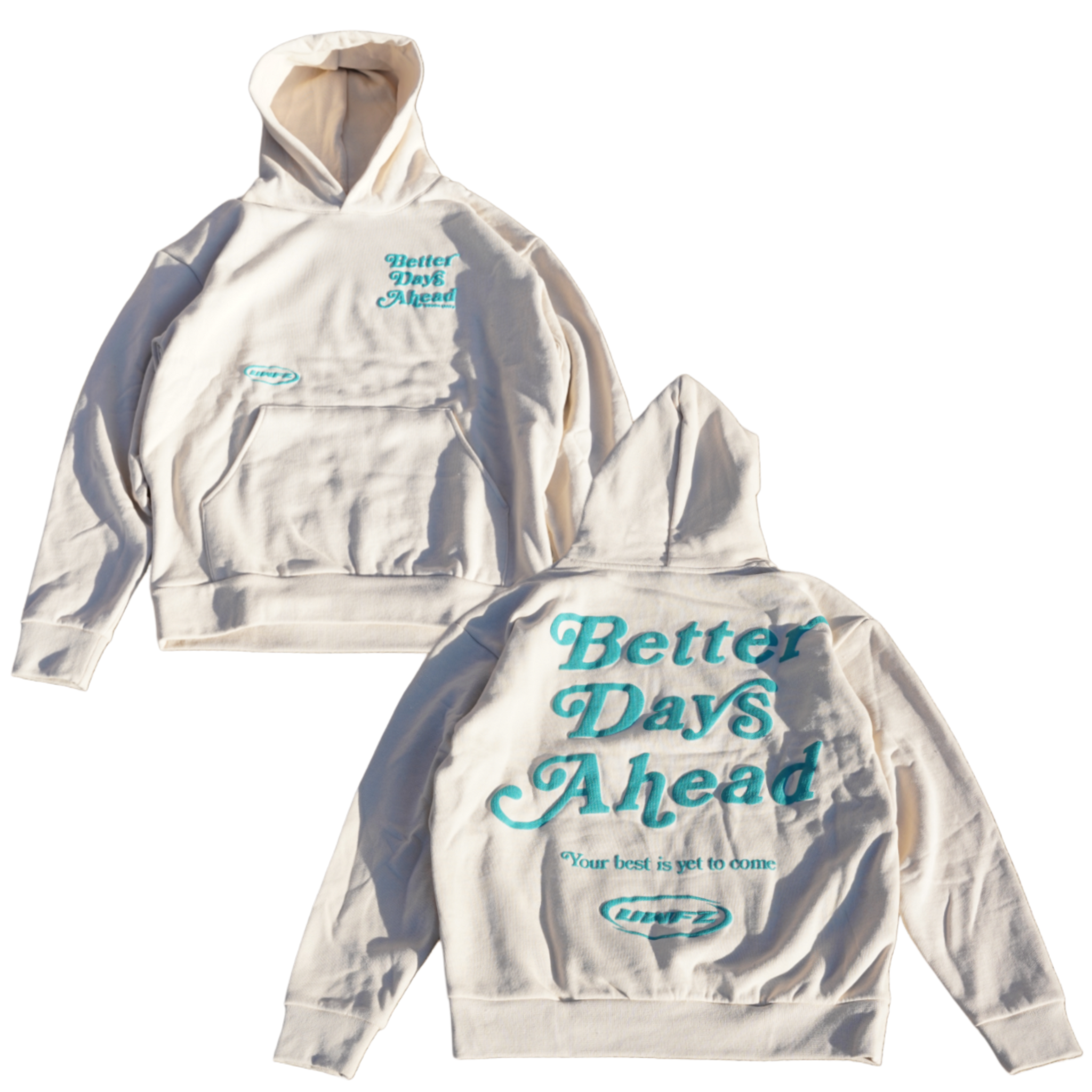 BETTER DAYS AHEAD PUFF PRINT HOODIE - White & Teal