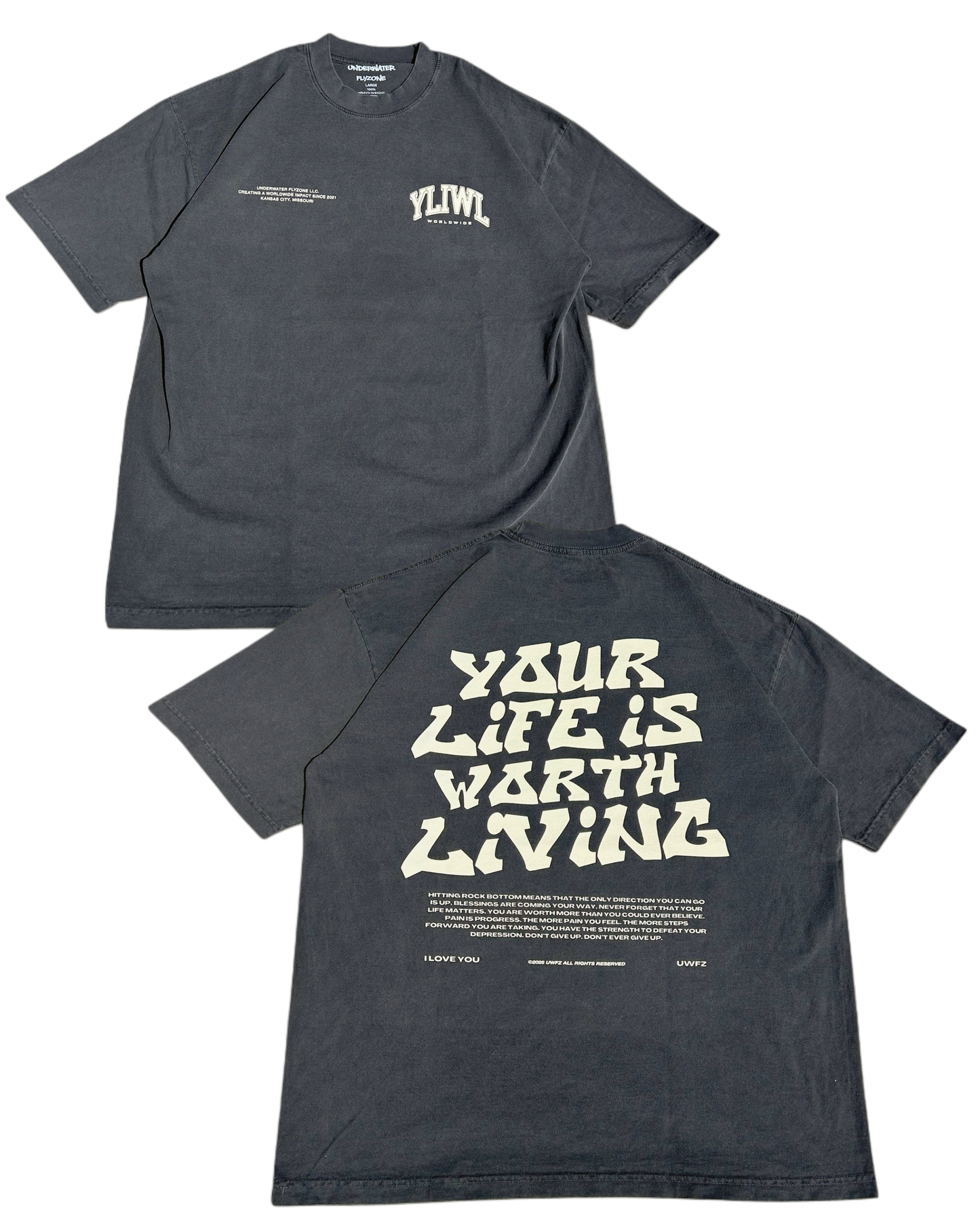 Vintage Black + Cream "YOUR LIFE IS WORTH LIVING" Heavy Weight T-Shirt
