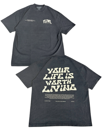 Vintage Black + Cream "YOUR LIFE IS WORTH LIVING" Heavy Weight T-Shirt