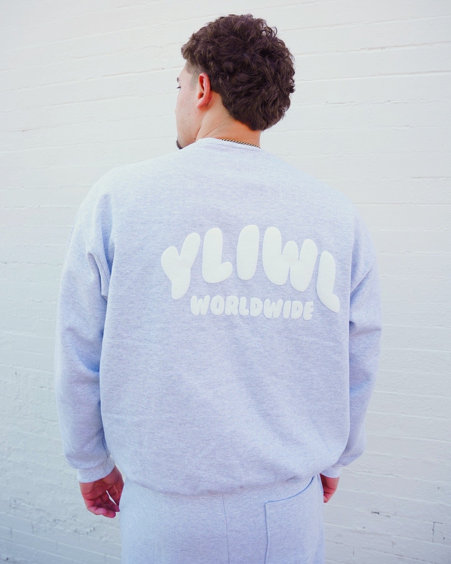 Heather Grey + White PUFF PRINT "YLIWL" Heavyweight Crew Neck