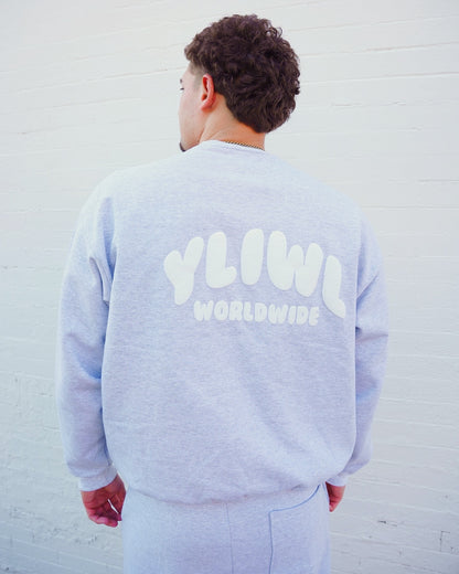 Heather Grey + White PUFF PRINT "YLIWL" Heavyweight Crew Neck