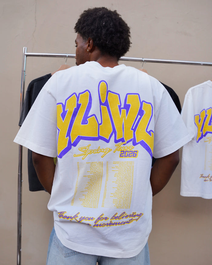 Purple + Gold on White YLIWL "Spring Tour 2026" T-Shirt