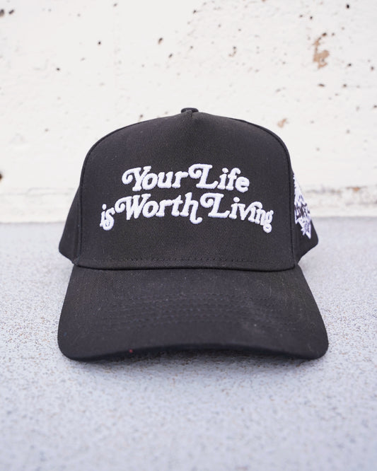 Black "YOUR LIFE IS WORTH LIVING" Snapback Hat