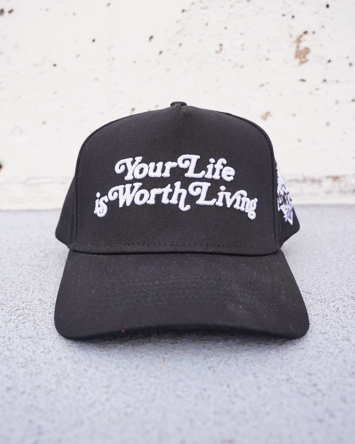 Black "YOUR LIFE IS WORTH LIVING" Snapback Hat