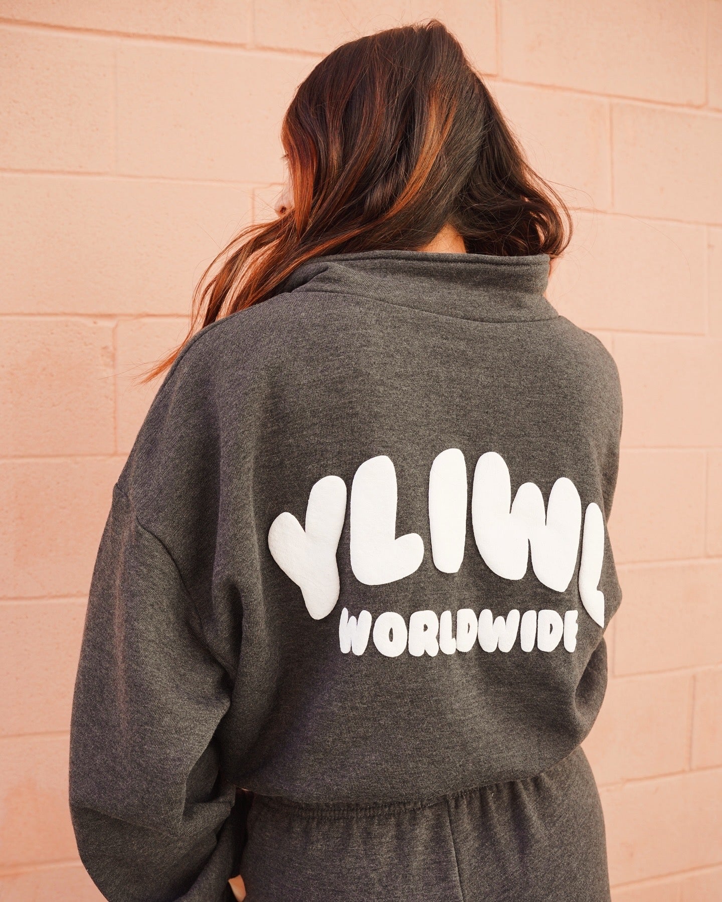 Dark Heather Grey + White PUFF PRINT "YLIWL" Half Zip Cropped Pullover