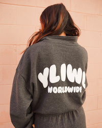 Dark Heather Grey + White PUFF PRINT "YLIWL" Half Zip Cropped Pullover