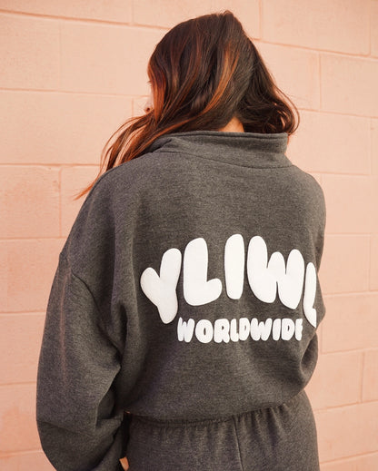 Dark Heather Grey + White PUFF PRINT "YLIWL" Half Zip Cropped Pullover