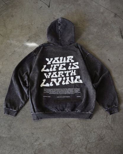 White + Mineral Wash Black "YOUR LIFE IS WORTH LIVING" Hoodie (Collectors Edition)