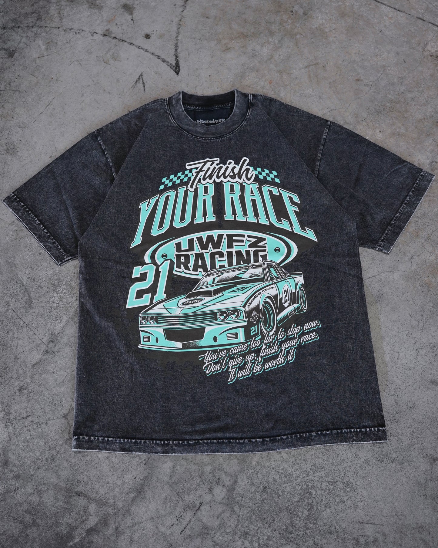 Black Mineral Washed + Teal “FINISH YOUR RACE" T-Shirt