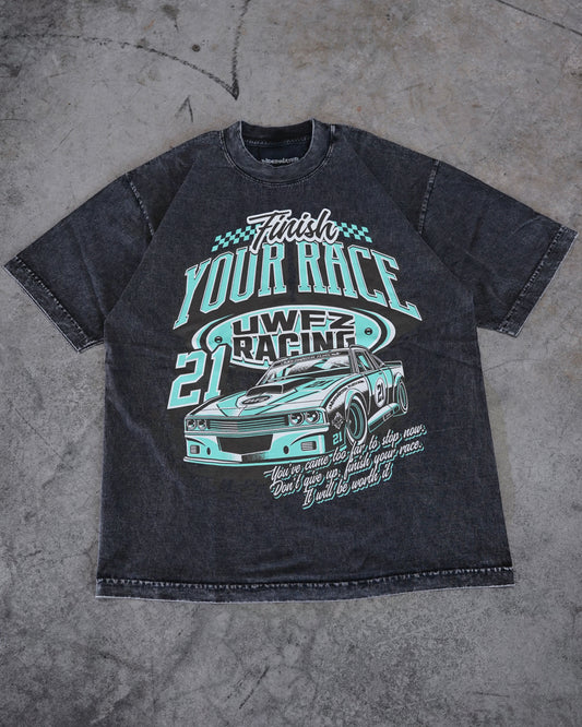 Black Mineral Washed + Teal “FINISH YOUR RACE" T-Shirt