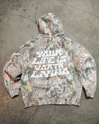 Camo "YOUR LIFE IS WORTH LIVING" Hoodie (100% Cotton)