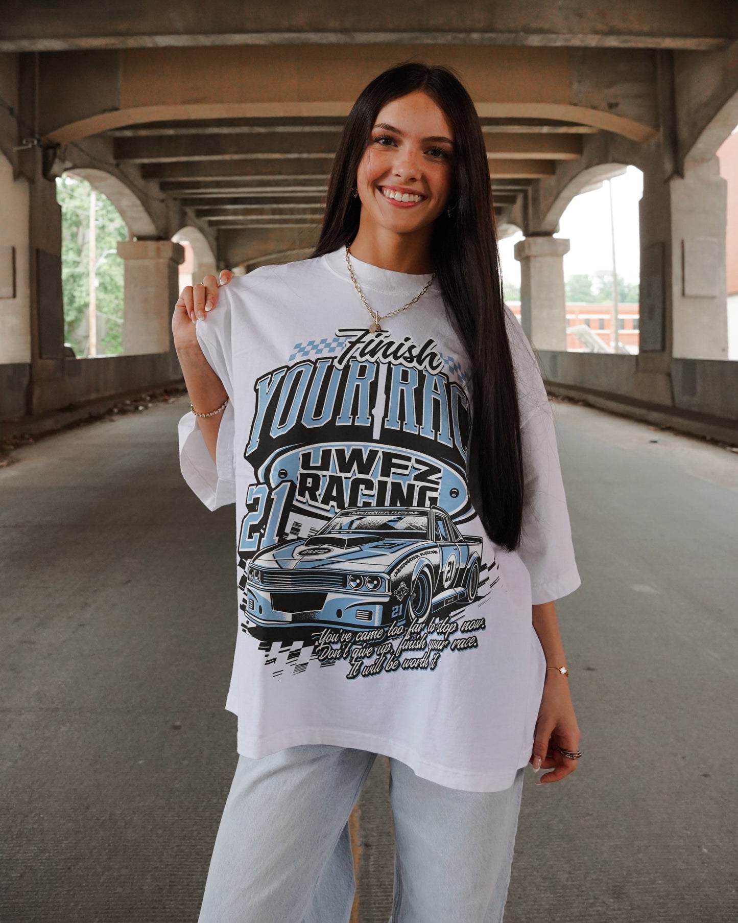 White + Powder Blue "FINISH YOUR RACE" Oversized T-Shirt