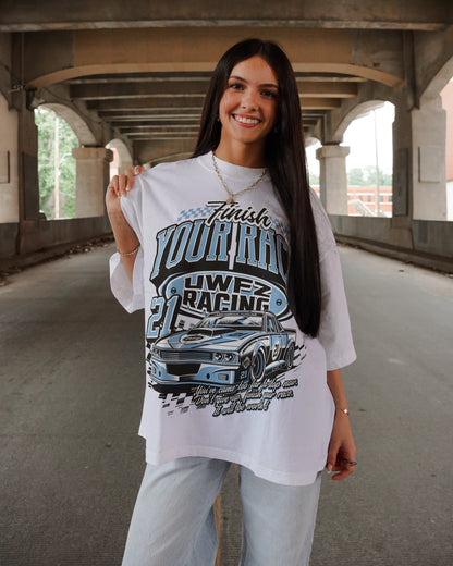White + Powder Blue "FINISH YOUR RACE" Oversized T-Shirt