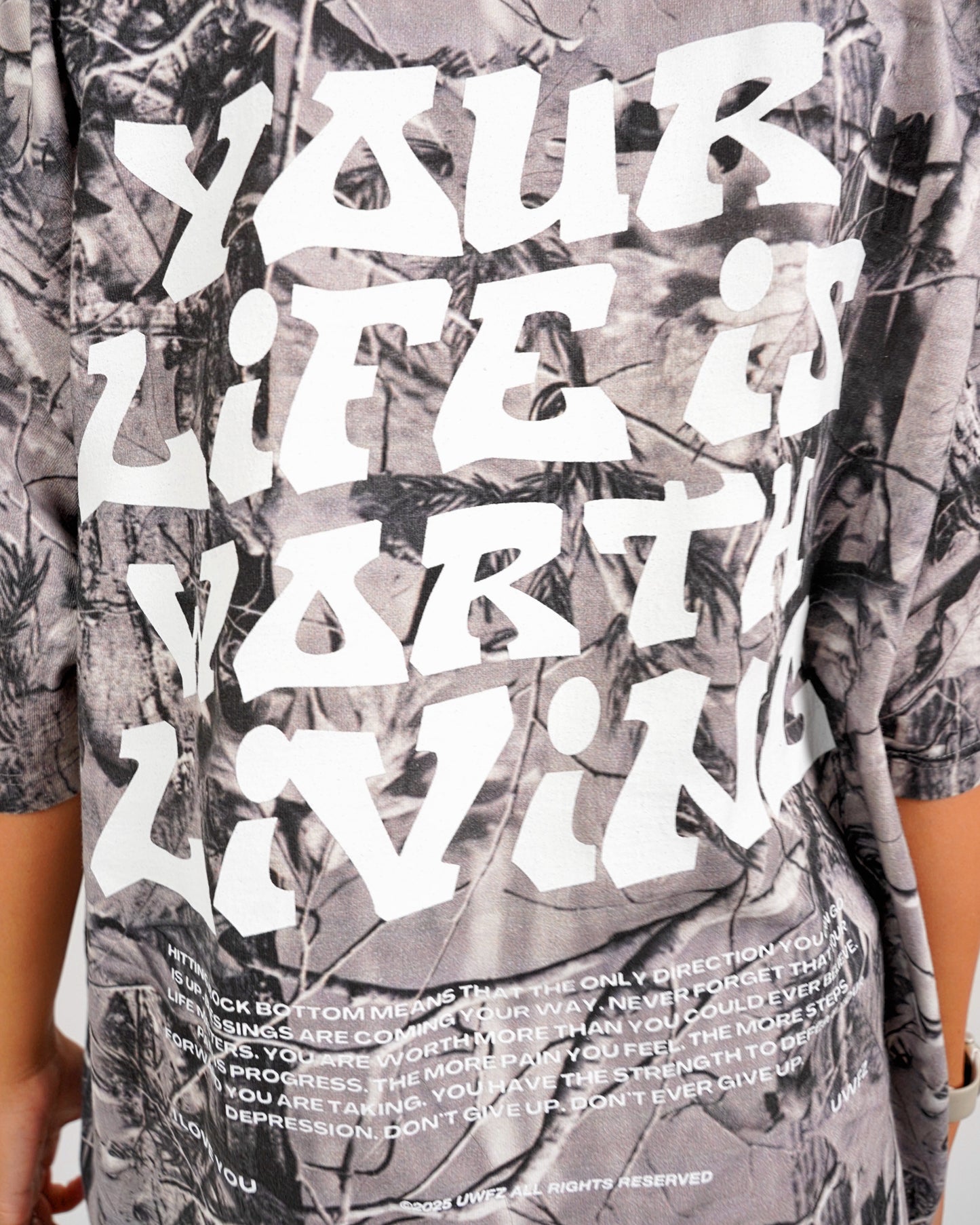 White + B&W Camo "Your Life is Worth Living" Heavy Weight T-Shirt