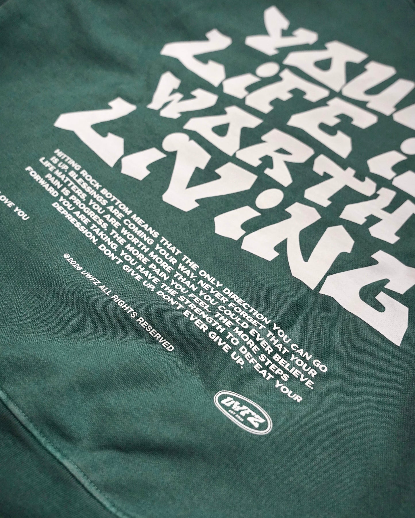 Faded Sage "YOUR LIFE IS WORTH LIVING" Crewneck