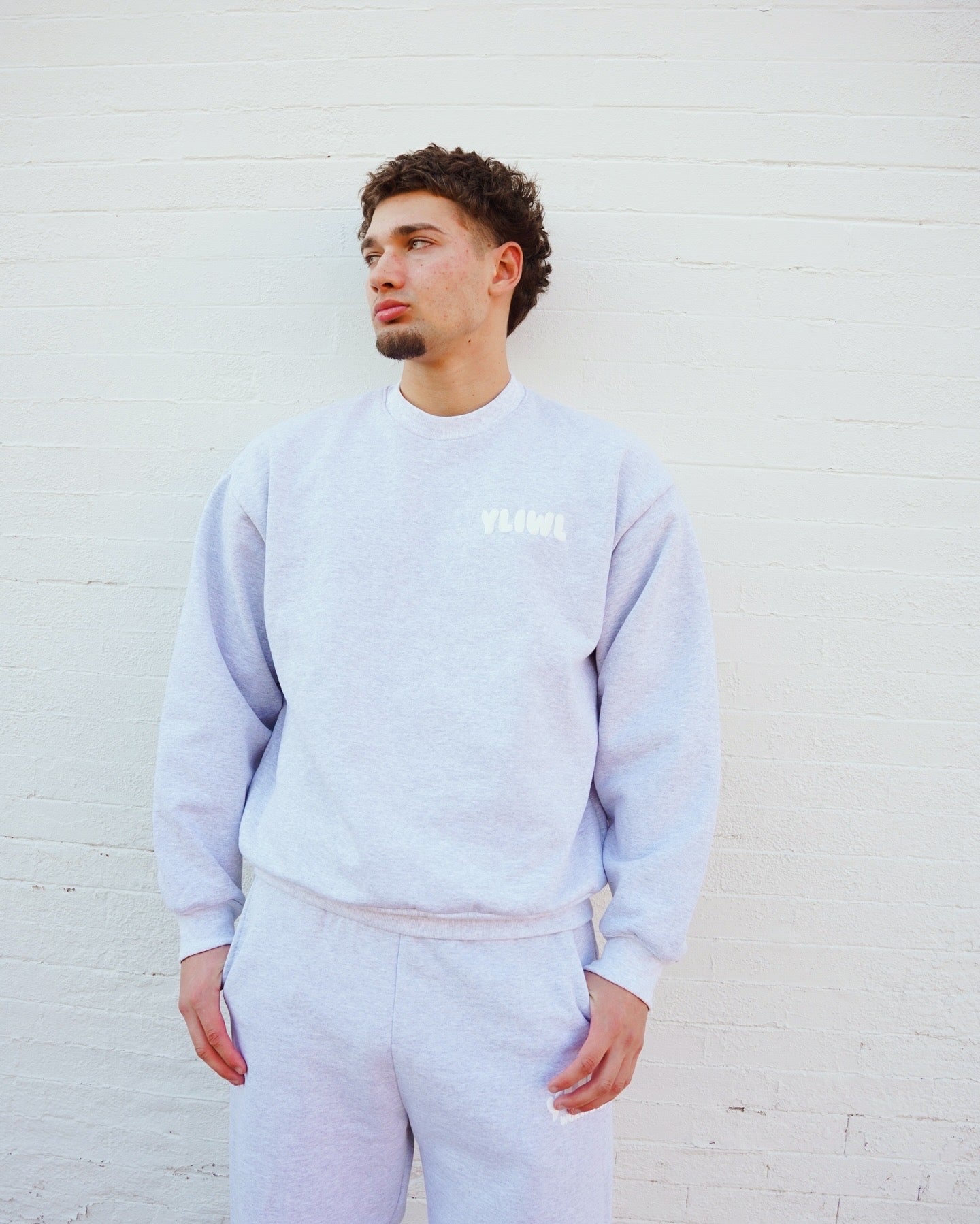 Heather Grey + White PUFF PRINT "YLIWL" Heavyweight Crew Neck
